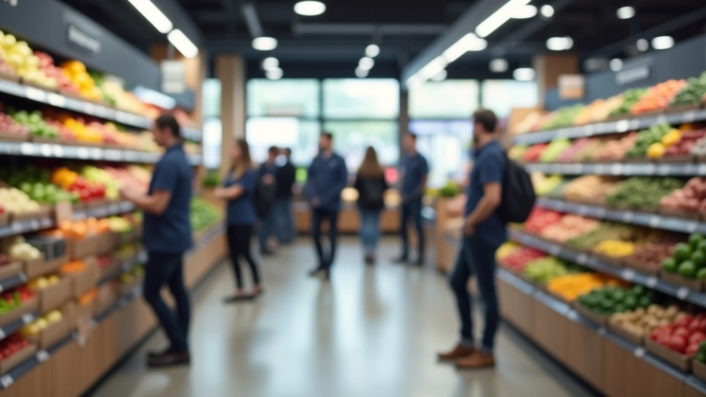 Fotografie eines Supermarkts mit Kunden und Mitarbeitern bei der Arbeit