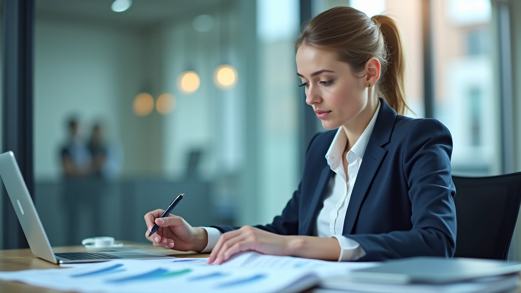 Professionelles Foto einer Frau mittleren Alters am Schreibtisch, konzentriert auf einen Monitor mit Datenvisualisierungen und Grafiken, modernes Büro mit Fenster im Hintergrund