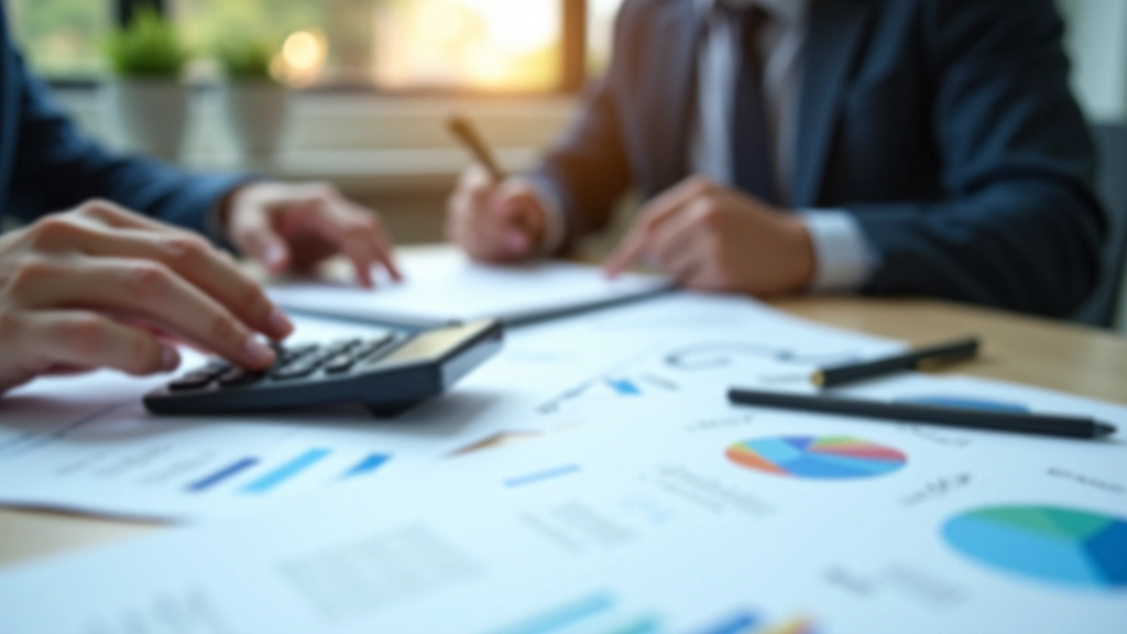 Schreibtisch mit Wirtschaftszahlen, Taschenrechner und Grafiken in einem modernen Büro